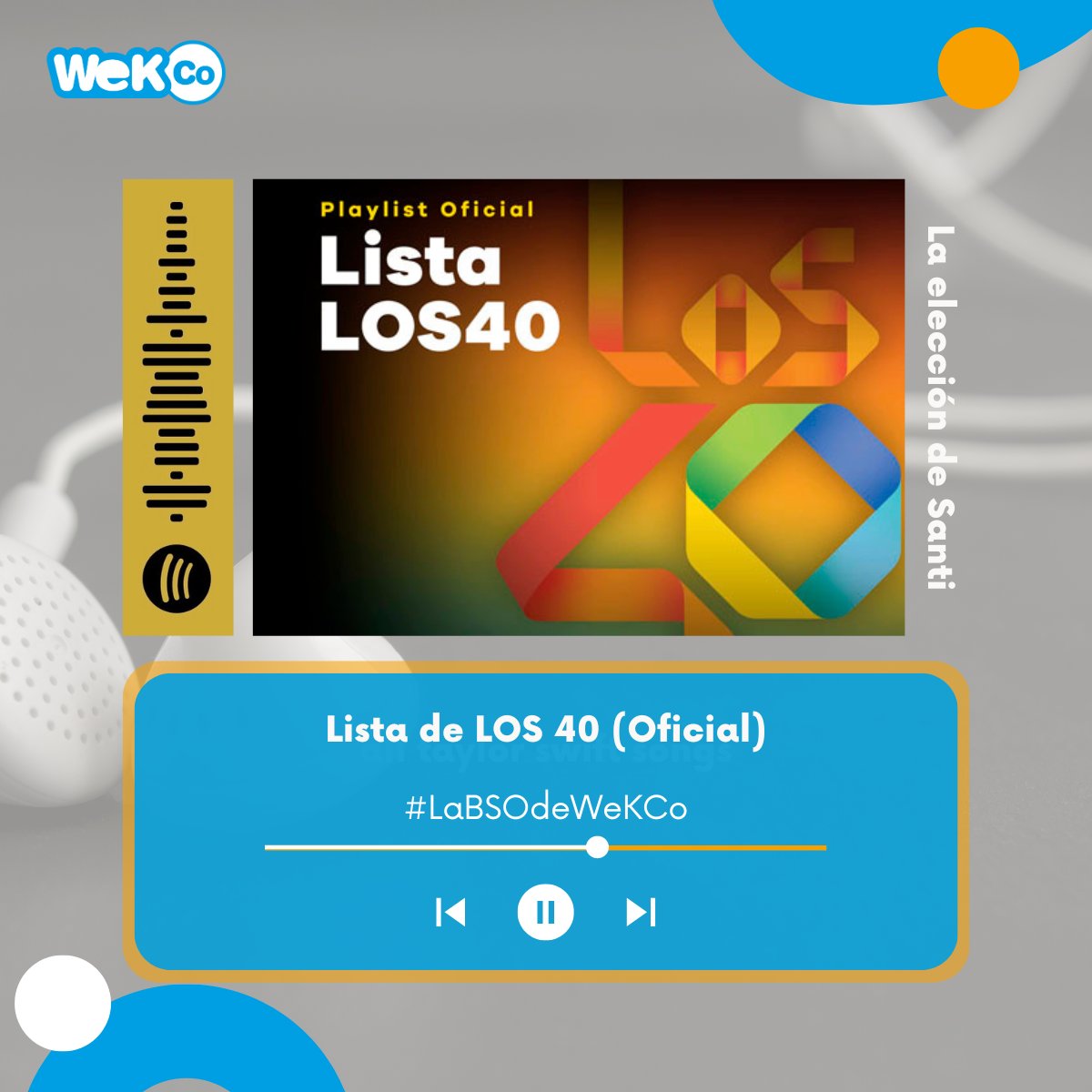 La semana pasada tocó el turno de presentar a Santi, a quien también le preguntamos la #playlist que más escucha en su trabajo. Nos recomendó la #lista de #los40. Como él dice, "un poco de todo" siempre es bueno. 

#WeKCo #coworking #coworkinglife #musicatwork #officeplaylist