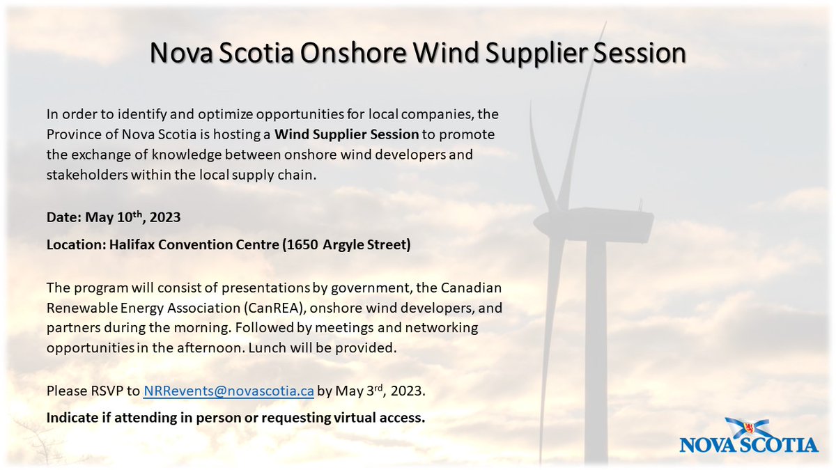 electricityHR's tweet photo. On May 10, join @NRCan's Wind Supplier Session in #Halifax or online to learn more about onshore #WindDevelopers and partners from industry experts. Sign up!
@RenewablesAssoc https://t.co/Jt0Ufewo0p