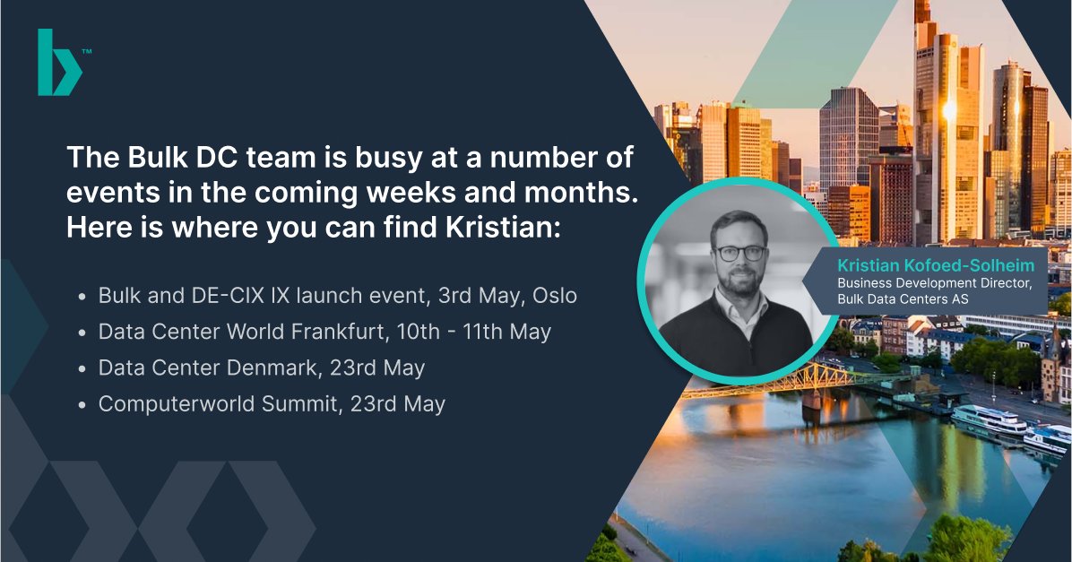 Kristian will be attending a few industry events around Europe this May.

We'll be at Data Center World in Frankfurt, the Danish Data Center Awards and the launch of DE-CIX's Internet Exchange hubs at our Oslo and Kristiansand data centers.
