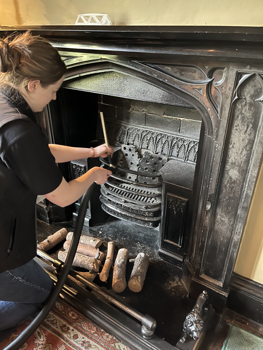 NTRufford's tweet photo. A lot of time and precision goes into the day-to-day cleaning and care of the collections. 
This morning one of our Collections Assistants cleaned the fireplace in the Ante Room. Special brushes and a vacuum cleaner to collect the dust ensures no damage is made to the surfaces. https://t.co/d3rtHn93Fm