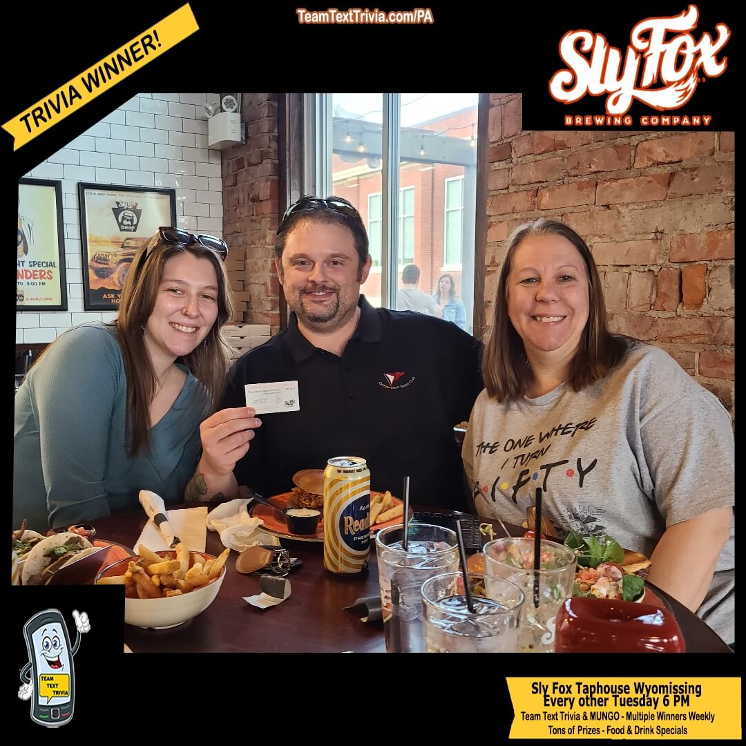 TeamTriviainPA's tweet photo. Team Text Trivia and MUNGO Music Bingo.. at the Sly Fox Taphouse in Wyomissing at 6 PM.   Gift card prizes and also fantastic deals!

Clues for the week – https://t.co/4xIOnSbJS7

Join Eric and ourgreat associates to truly have a wonderful time

https://t.co/nXL7mohbtT https://t.co/rYNPAM3ee3