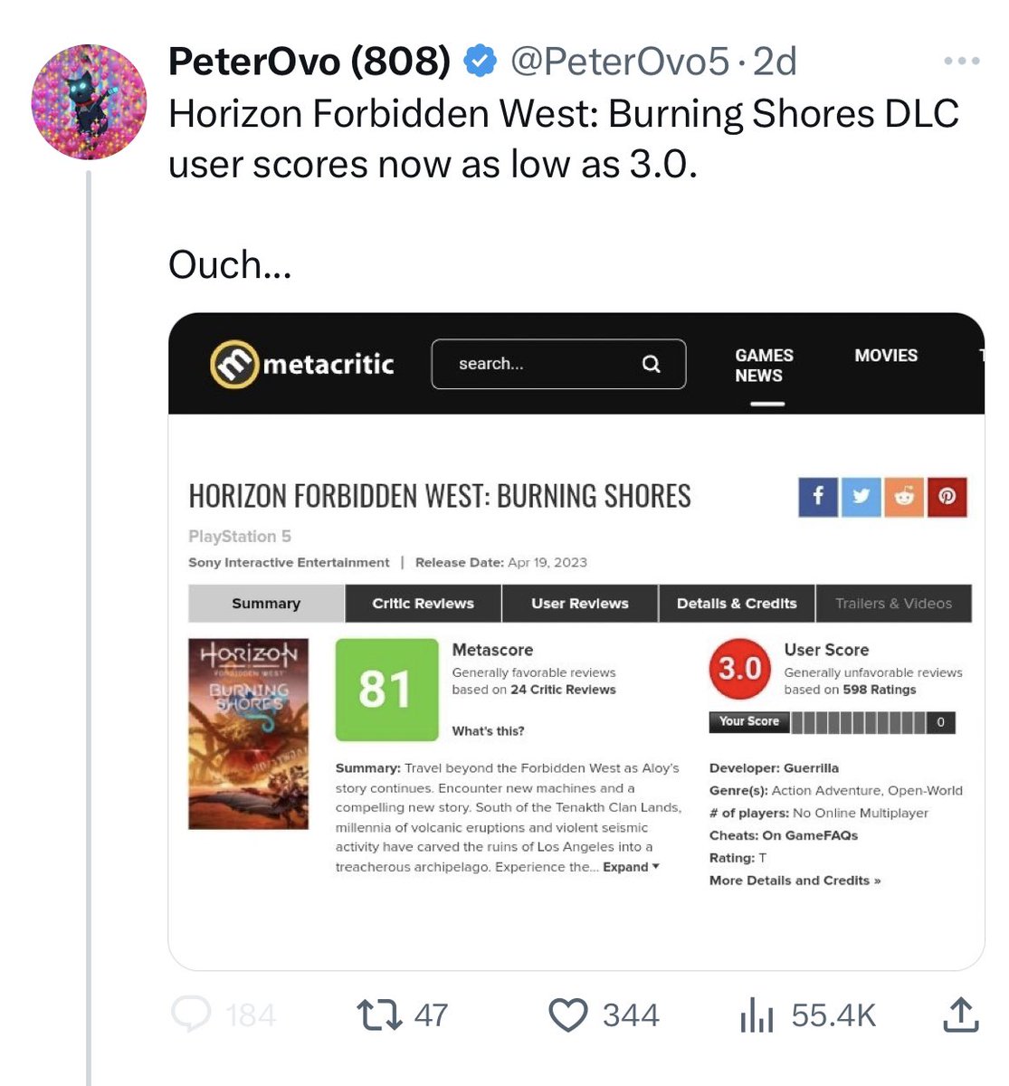 Metacritic improving moderation after abusive, disrespectful Horizon  Forbidden West Burning Shores reviews