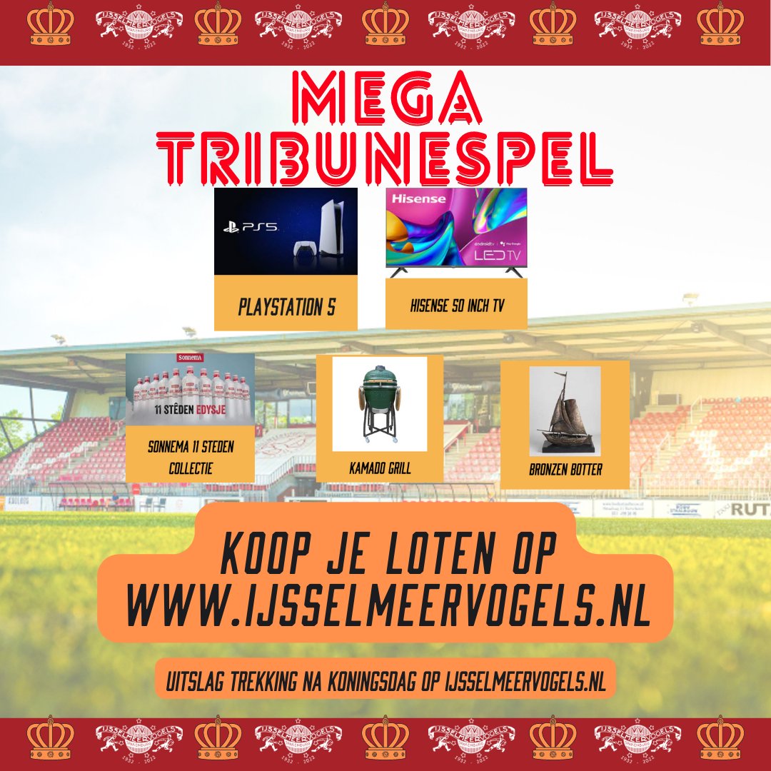 VVIJV's tweet photo. MEGA TRIBUNESPEL 👑l Inmiddels is al meer dan de helft van de stoelen verkocht. Op zich niet gek met zo'n goedgevulde prijzenpot natuurlijk😉

Maar mis het niet en koop nog snel je loten via onze website:
https://t.co/qOSrKdGRDy https://t.co/vIBUSbexH7