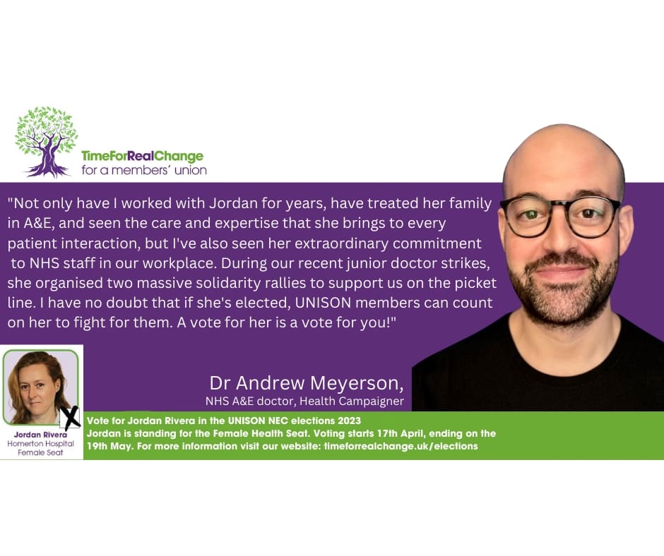 Jordanriv's tweet photo. So pleased to have the support of @andrewmeyerson in my bid to win a seat on UNISON's NEC. He's a brilliant campaigner and wonderful advocate for the NHS.

I am standing for the female health seat on UNISON's NEC alongside Claire Dixon and Kevin Corran.
#TimeForRealChange https://t.co/aif5VErfYK