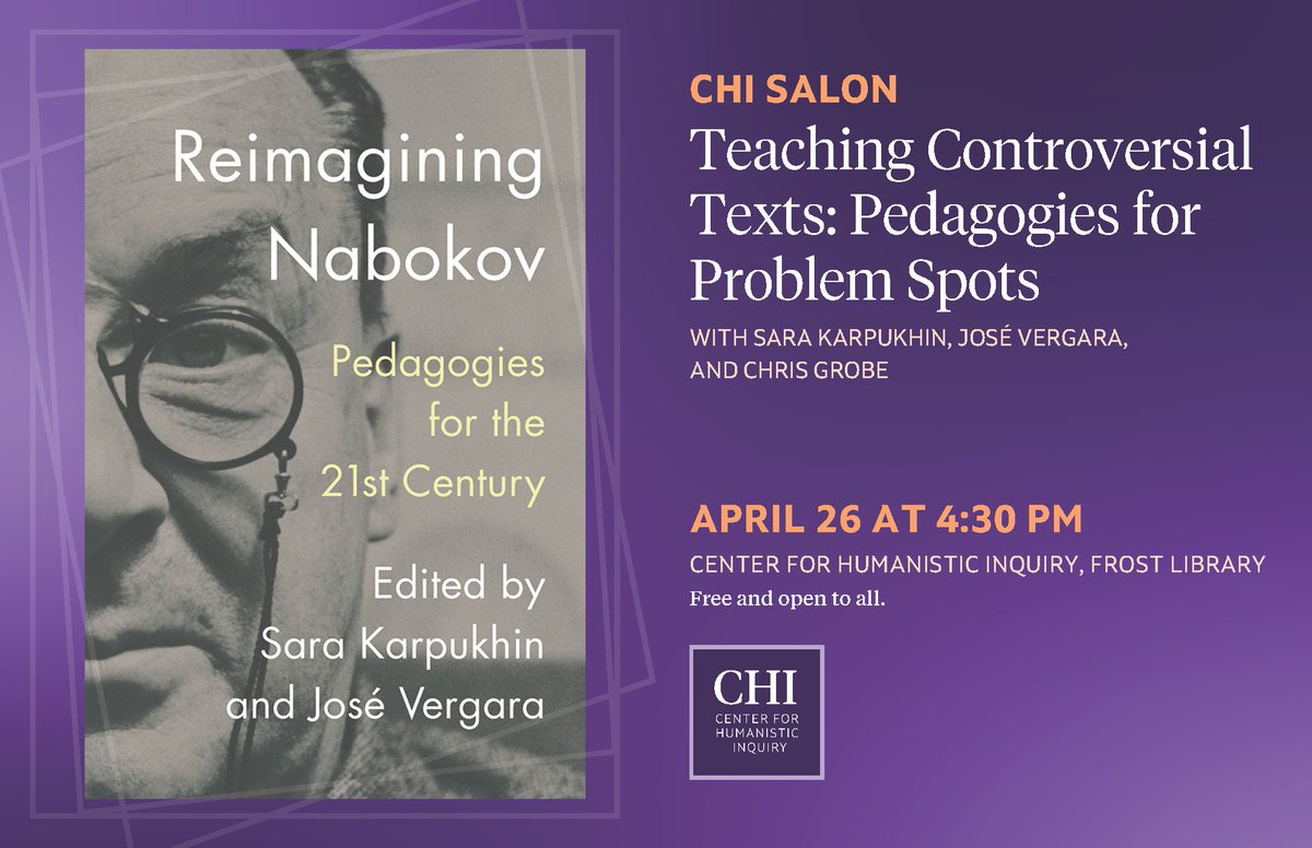 ACinquiry's tweet photo. 4/26 CHI Salon features Sara Karpukhin (@UWMadison), José Vergara (@BrynMawrCollege), and Chris Grobe (@AmherstCollege) discussing how elusive, troubling literary texts help them address questions of power, authority, and identity in the classroom. Co-sponsored by @AmCollPress. https://t.co/zSvTDd4ywh
