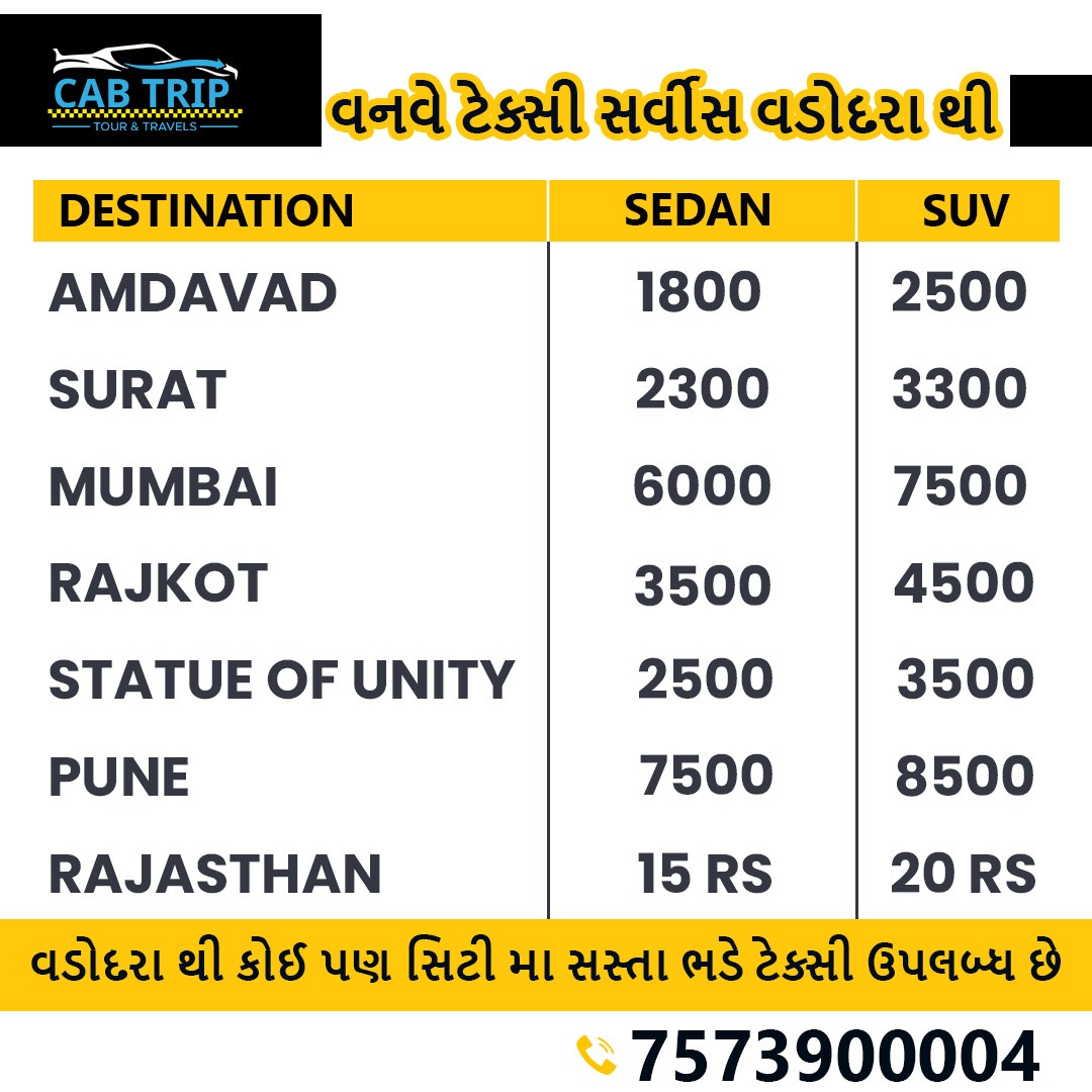 વનવે ટેક્સી સર્વીસ વડોદરા થી

કેબ ટ્રીપ એ શ્રેષ્ઠ ટેક્સી સર્વિસ છે, વડોદરાથી કોઈપણ શહેરમાં સસ્તી ટેક્સી ઉપલબ્ધ છે

inquiry Now:
Call Now: +91-7573900004
Visit: cab-trip.com

#Cab_Booking #Cab_trip #Cab_Services #Taxi_Services #Cab_trip_Travels #Car_Rental #Round_trip