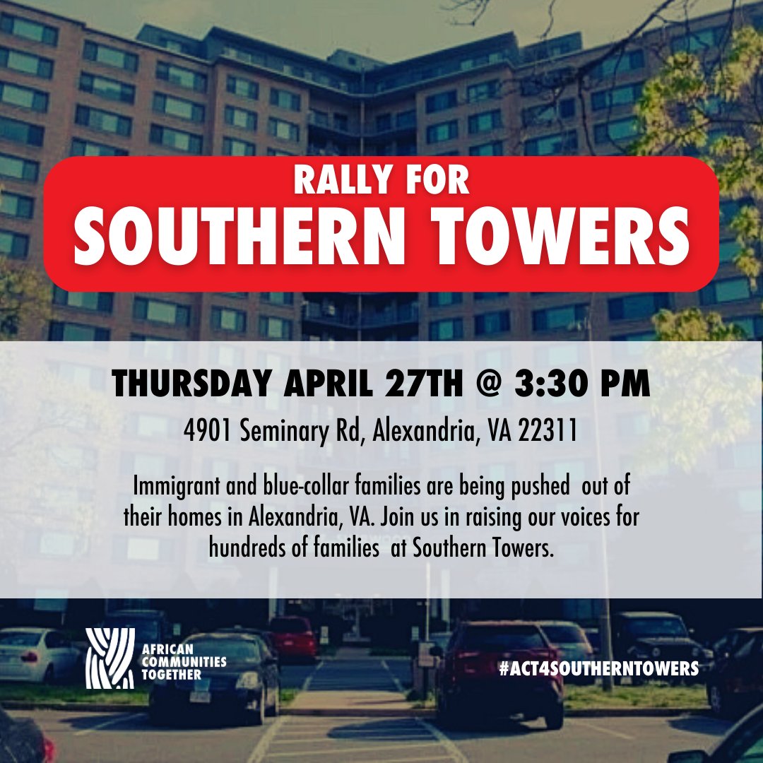 AfricansUS's tweet photo. Join ACT &amp; tenants of #Southern Towers for a rally calling on #CIMGroup to revert back to previous utility billing methods &amp; stop unfairly charging immigrant families for basic necessities!

4/27 @ 3:30PM
4901 Seminary Road, Alexandria, VA 22311

#FairhousingMonth #HousingJustice https://t.co/zQx4gMlz9D