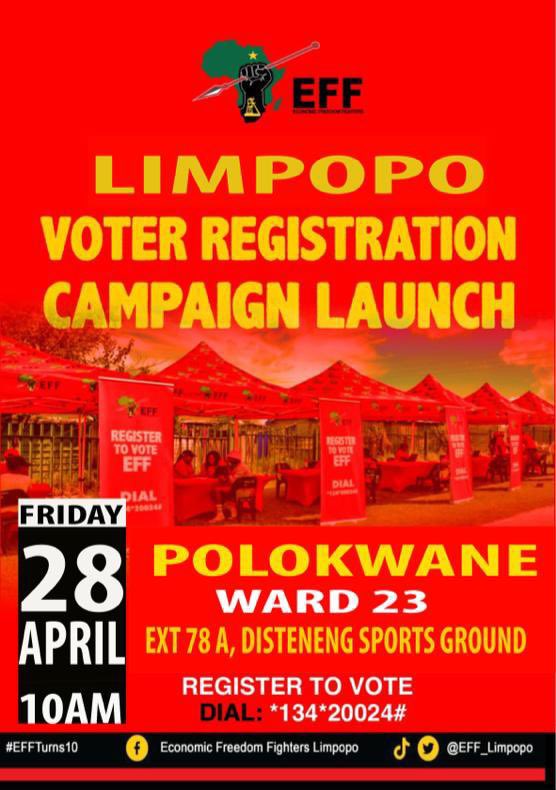 EFF_Limpopo's tweet image. 🔺Register To Vote EFF🔺

-The EFF in Limpopo will officially launch its Voter Registration Campaign this coming Friday, to encourage new voters to have their names on the Independent Electoral Commission’s Voter’s Roll towards the total victory in 2024.

☎️Dial: *134* 20024#