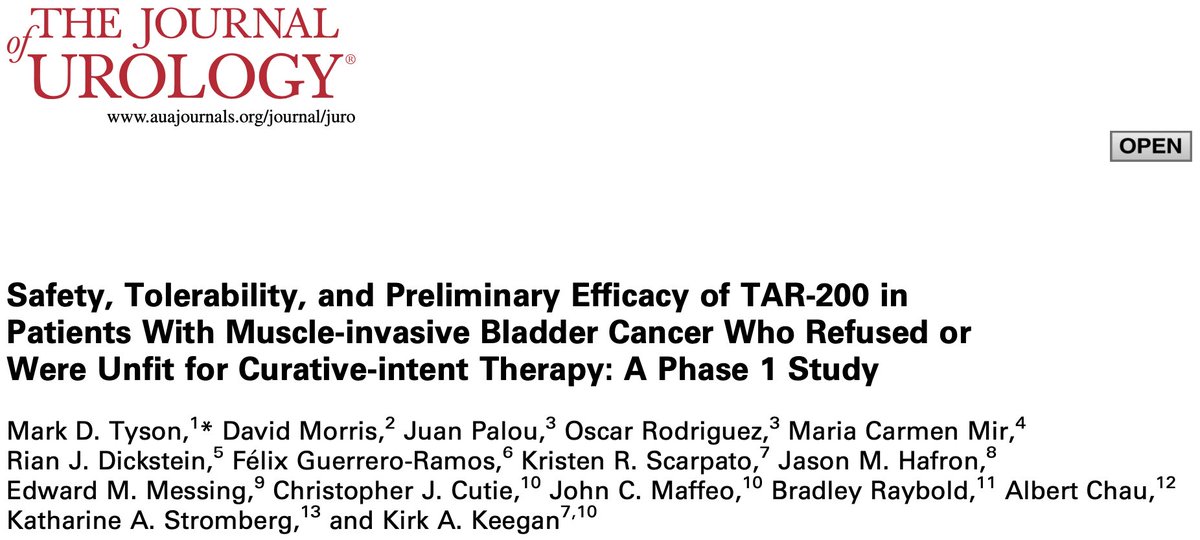 DrFelixGuerrero's tweet image. 📝 Happy to share our paper at @JUrology reporting results of TAR-200-103 phase I trial w/ TAR-200 in #MIBC unfit for cystectomy
👥 Collaboration w/ @RodriguezFaba @joanfundi among others
🤓 Take a look: shorturl.at/sHUW5
😃 Exciting times ahead for #bladdercancer patients