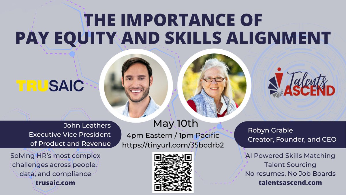 There is a change in employment, don't get
left behind.

When it comes to skills based hiring and pay equity,
listen to the experts in the field, Robyn
Grable of Talents ASCEND and John Leathers of
Trusaic.

@trusaic #payequity #employment #hiring