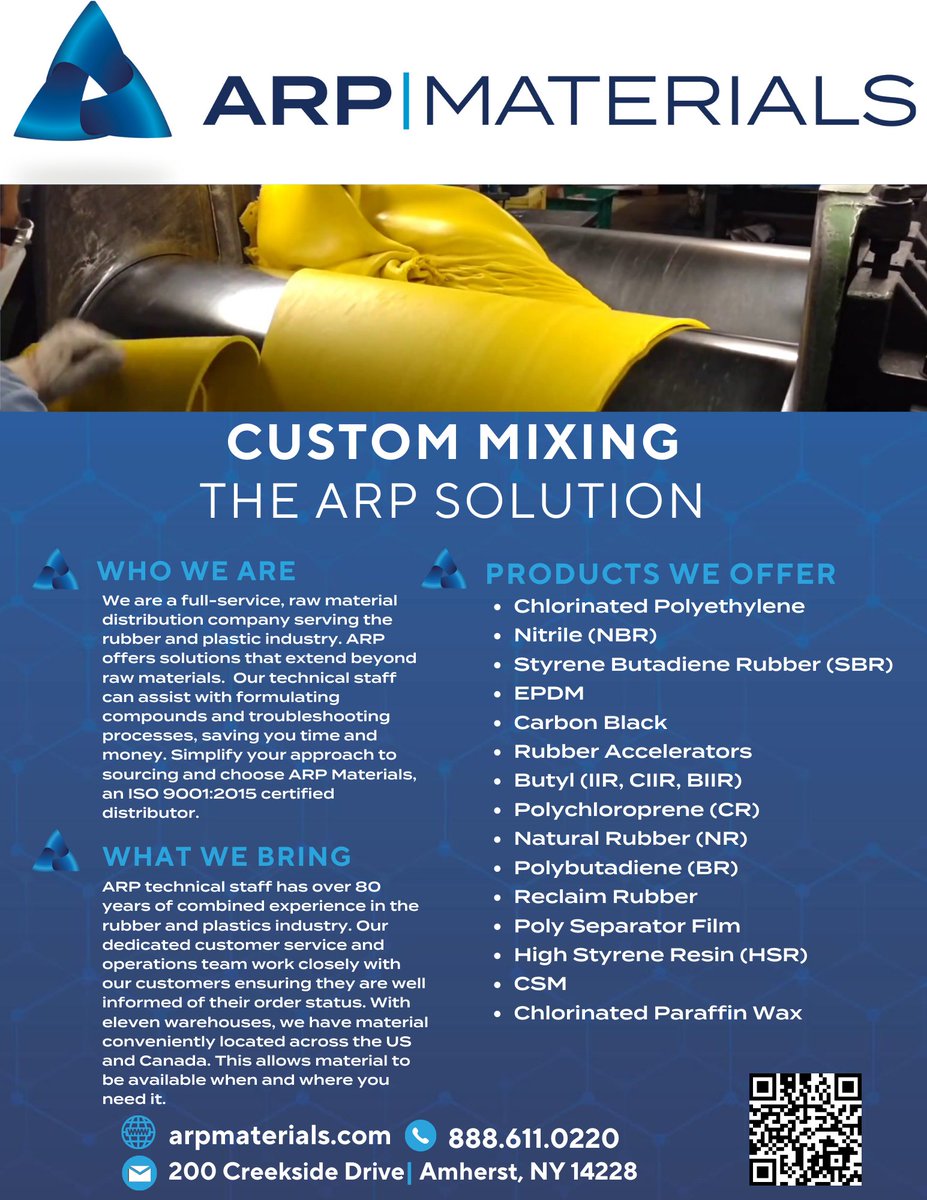 arp_materials's tweet photo. Our experienced technical team will help guide and match the right material for you.
Contact us today for a quote!
#arpmaterials #distribution #productmanagement #custommixing #projectdevelopment #business #hoses #roofing #Belts #siding #rubber #rubberindustry https://t.co/nKfB127Pnu
