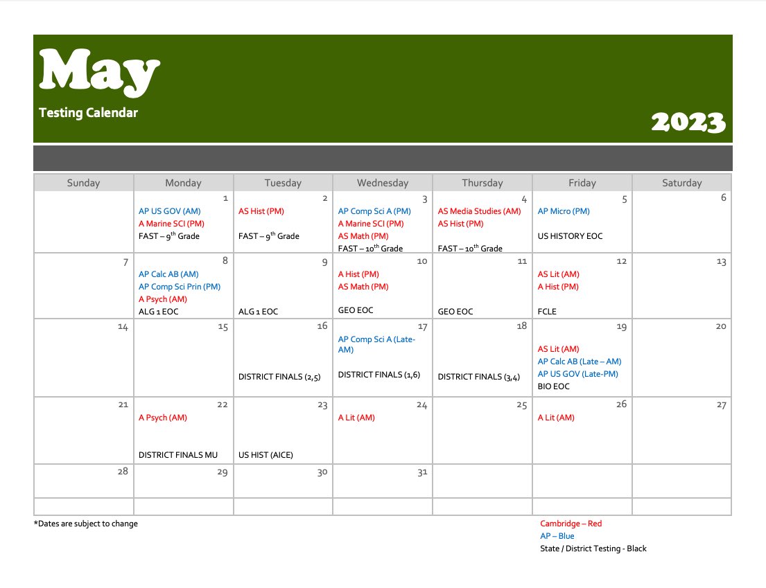 AncloteSharks's tweet photo. Testing season has arrived.

Students &amp; families please familiarize yourself with the attached Testing calendar for the month of May.

#SharksYouGotThis https://t.co/X5IB9zhfFD