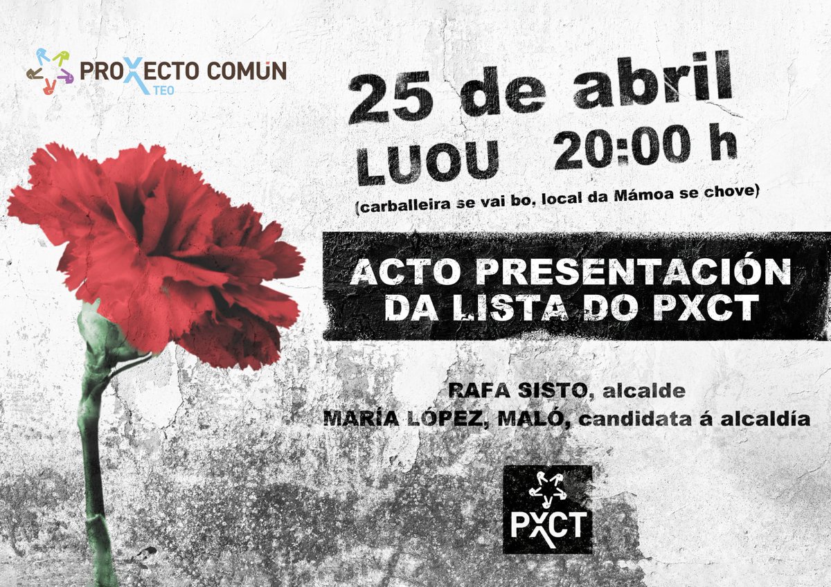 proxectoteo's tweet photo. FOI, É SERÁ 
@martinhonoriega
@rafasisto
#MaríaLópez_Maló
se o pobo así o ordena!🌺

Hoxe, ás 20:00 h. en Luou presentamos as 24 persoas da lista do Pexeceté e a canción para a precampaña.

Acompañádenos!

#MunicipaisTeo2023 
#25AbrilSempre https://t.co/lKR2VNLvS5