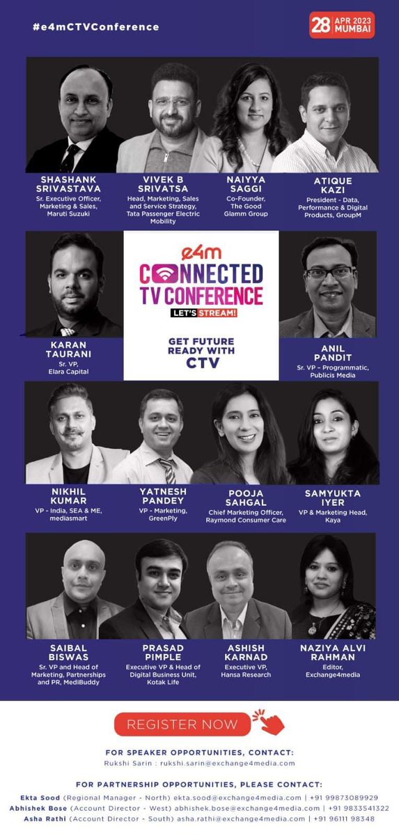 anuragbatrayo's tweet photo. the inaugural e4m Connected TV Conference - Let's Stream on April 28th at Taj Santacruz, Mumbai! industry leaders and innovators about the future of Connected TV. Register ConnectedTV #LetsStream #Conference #Mumbai https://t.co/ExGLj6Ov8U https://t.co/EUxZYBnwFM @e4mtweets https://t.co/rktafDGRQV