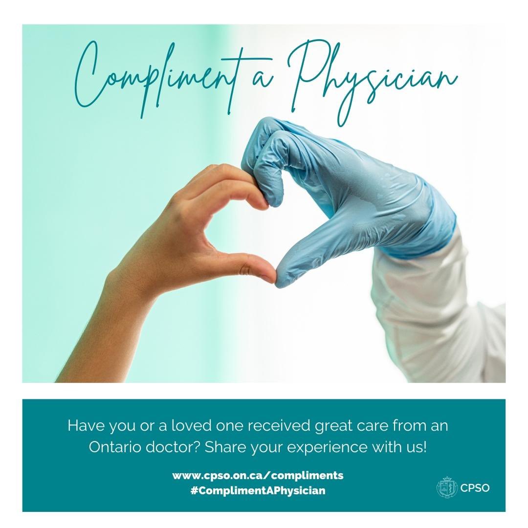cpso_ca's tweet photo. May 1st is #NationalPhysiciansDay — perfect time to #ComplimentAPhysician and show appreciation for all that they do!

If you or a loved one have received exceptional care from an Ontario doctor, share your positive experience! https://t.co/9CSqniMmk4

#DoctorsDay #OntarioDoctors https://t.co/vsnU5Evzmf