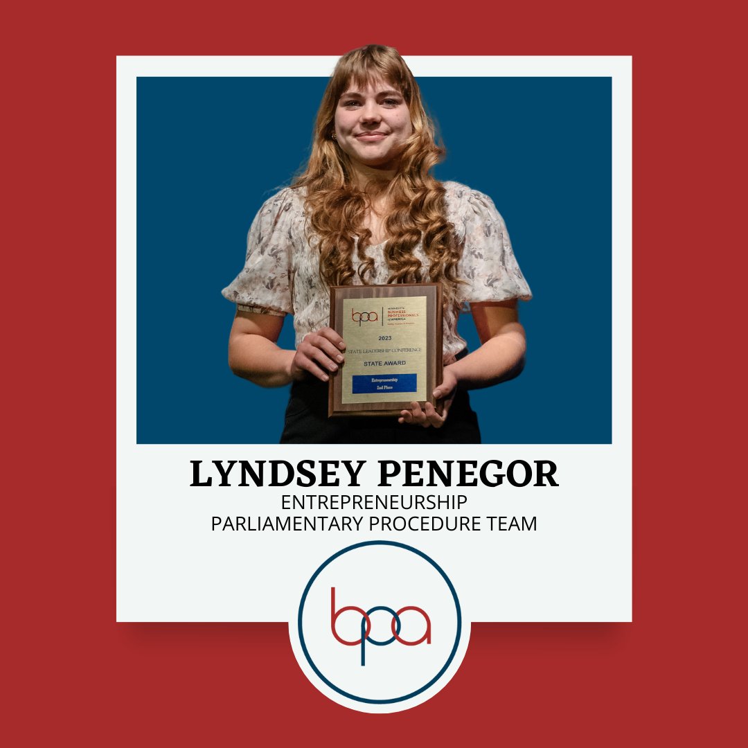 WMBPA's tweet photo. Hard work pays off!  Lyndsey Penegor is heading to BPA Nationals in Anaheim, California this week.  She's competing in Entrepreneurship and Parliamentary Procedure Team.  Good Luck Lyndsey!  #mnbpa #bpaallday #bpanlc #bpanlc2023 #discoveryourpurpose https://t.co/wFpLsM7Cmu