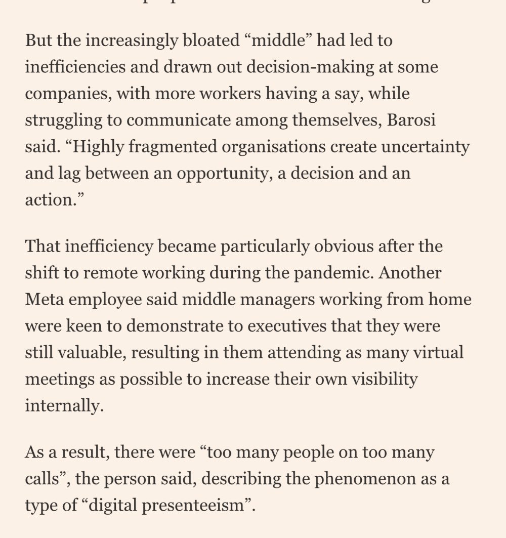 Great piece in the FT on the gutting of a bloated layer of tech middle managers who attend meetings to look important.

In my experience this phenomenon is not limited to tech by any means.
