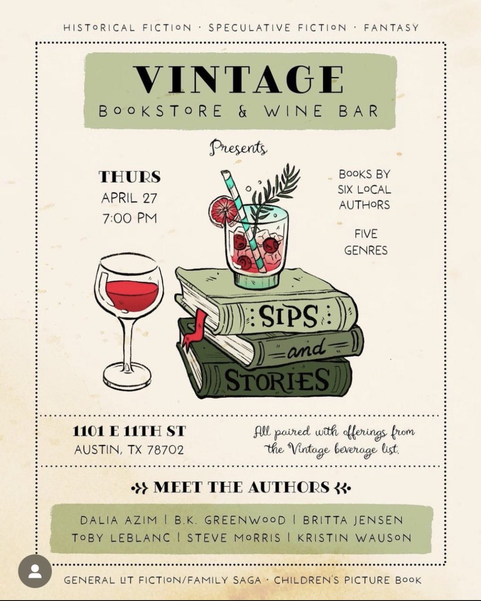 Meet authors @kristinwauson  @daliaazim @bkgreenwood70 @britta_murasaki @cajuncalico @sjmorris_writer - each of whose books is paired with a wine! - at Vintage Bookstore this Thursday. (Authors: do tell the pairings! if you know)

@SCBWIAustin #kidlit #ATX #texasauthors