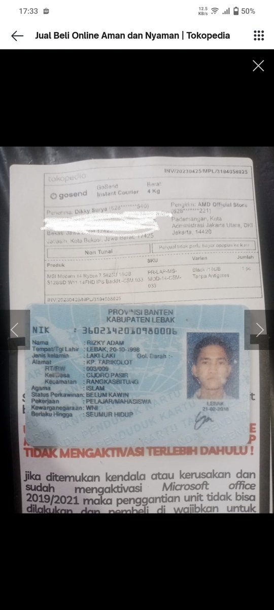 dkkysr's tweet photo. Ini KTP dan Foto pelakunya @gojekindonesia @tokopedia (saya sensor alamat detailnya tp terlihat kan bekasi jatiasih) https://t.co/2vqC2T3kLX