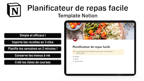Nouveau Modèle
Planificateur de repas
par Sandrine Jean

Ce template Notion permet d'importer des recettes depuis des sites internet, de planifier très facilement des menus et créer tes listes de courses.

imaginotion.fr/mdl/planificat…