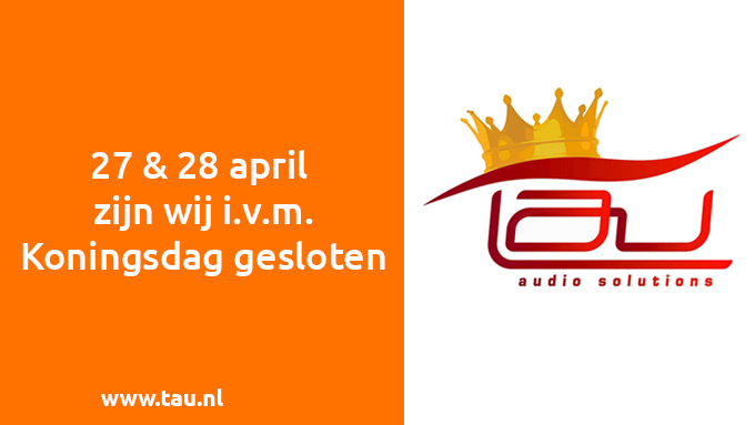 TauAudio's tweet photo. Op 27 &amp; 28 april is ons kantoor gesloten in verband met Koningsdag. Onze webshop blijft uiteraard geopend. Vanaf maandag 1 mei staan wij weer voor je klaar! 

Meer informatie lees je hier: https://t.co/4uDJi7DJSv

Wij wensen iedereen alvast een fijne #Koningsdag2023 ! https://t.co/R3L3GBMpQZ