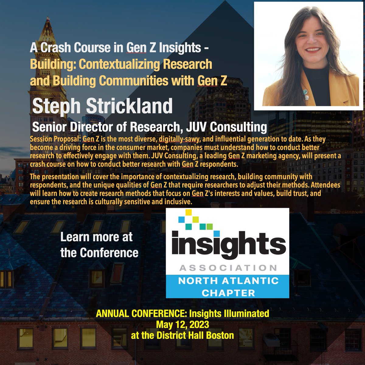 Join us for #InsightsIlluminated on May 12 at District Hall Boston, where Steph Strickland, Senior Director of Research at JUV Consulting, will share insights on effectively engaging with Gen Z in the consumer market. Register now for early bird pricing! lnkd.in/efRBf6zA