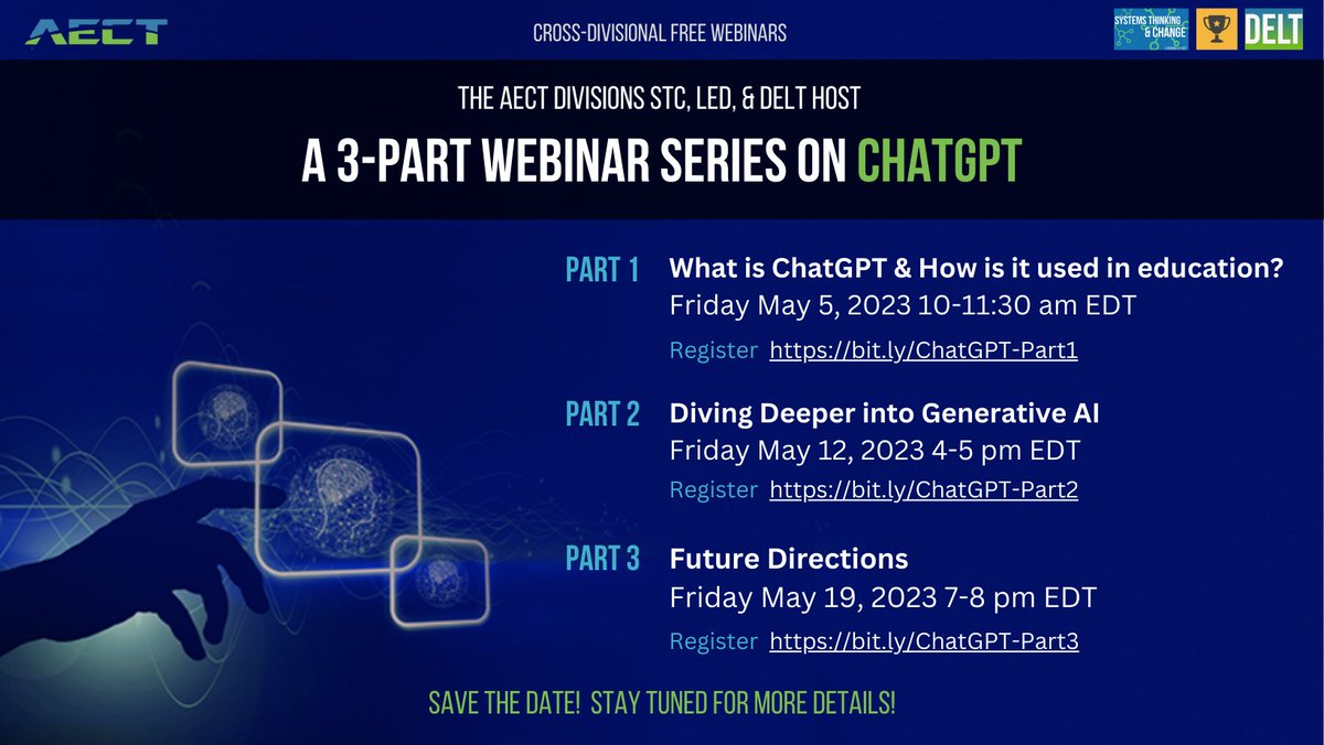 I'm presenting during Part 2 of a 3-part series on ChatGPT hosted by AECT on May 12th. My session will focus on using ChatGPT as an intelligent tutor to help personalize learning in your subject area. Open to all--you don't need to be an AECT member to register and attend!