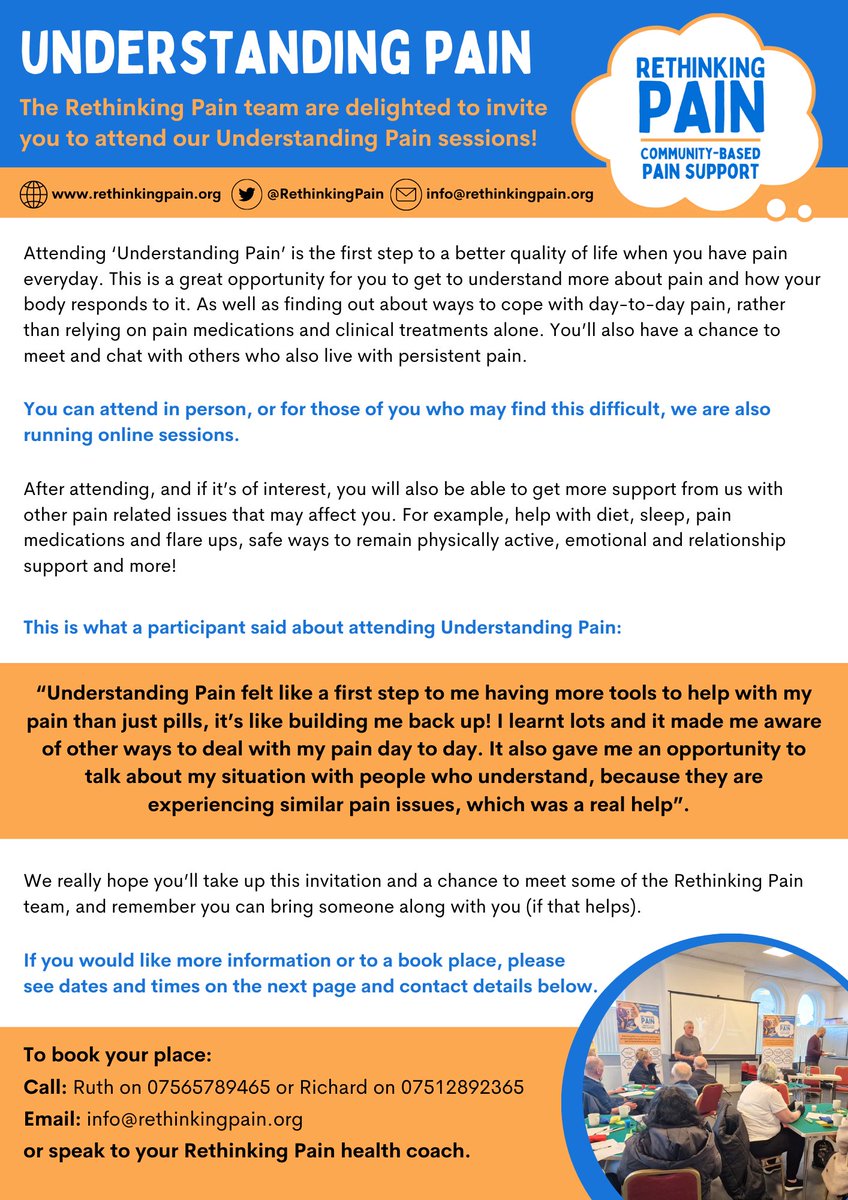 RethinkingPain's tweet photo. are excited to introduce 'Understanding Pain' 

Informal adult education opportunity for people with long term pain to understand more about their pain, how the body responds to it and how to access community based holistic support.

@ActAsOneBDC @PlaceSettle @SkiptonTownHall https://t.co/MVMhfCIKm1