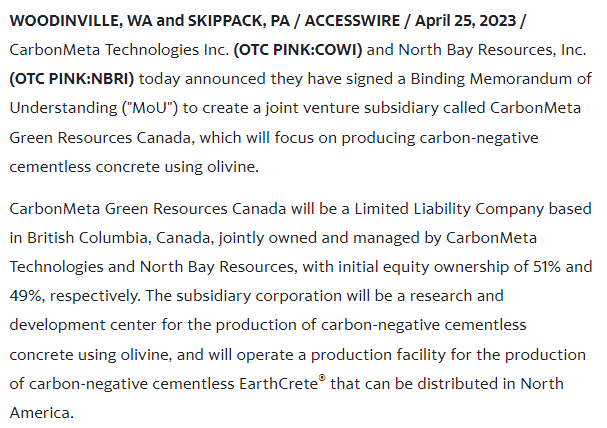 carbonmeta's tweet image. CarbonMeta Technologies and North Bay Resources Create Joint Venture Subsidiary To Produce Carbon-Negative EarthCrete(R) Using Olivine

$COWI $NBRI #carboncapture #concrete 

finance.yahoo.com/news/carbonmet…