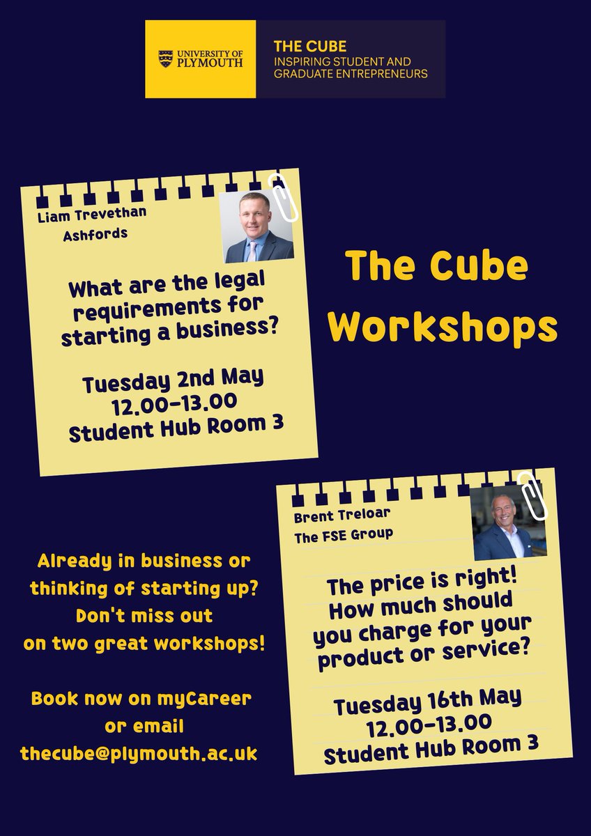 The Cube - University of Plymouth (@thecubeuop) on Twitter photo Two great free workshops for entrepreneurial <a href="/PlymUni/">University of Plymouth</a> students & <a href="/PlymUniAlum/">University of Plymouth Alumni</a>
2nd May - What are the legal requirements for starting a business?
16th May - The price is right! How much should you charge for your product or service?
plymouth.ac.uk/whats-on/the-c… Two great free workshops for entrepreneurial <a href="/PlymUni/">University of Plymouth</a> students & <a href="/PlymUniAlum/">University of Plymouth Alumni</a>
2nd May - What are the legal requirements for starting a business?
16th May - The price is right! How much should you charge for your product or service?
plymouth.ac.uk/whats-on/the-c…