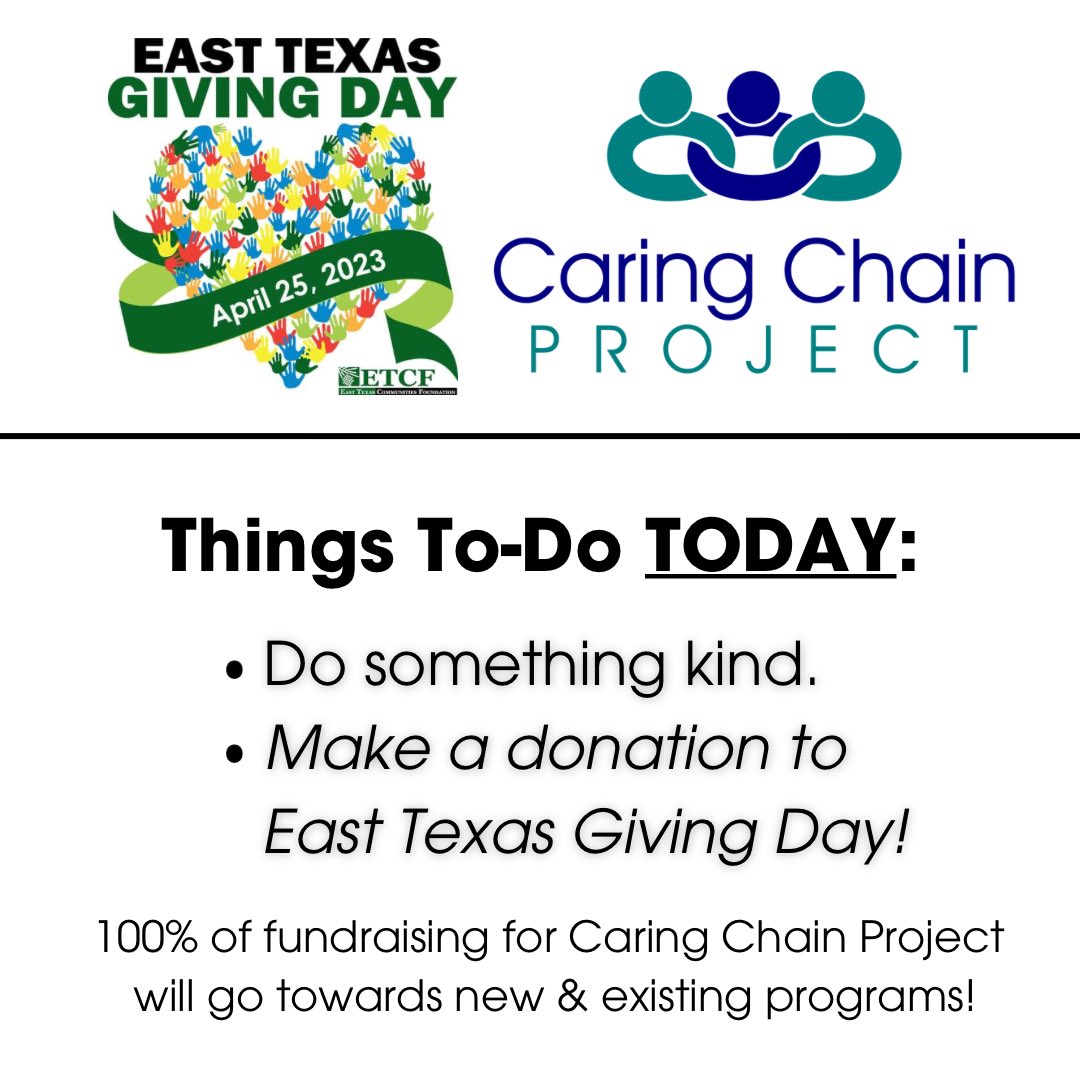 ShannonSEverett's tweet photo. TODAY is East Texas Giving Day! Please consider contributing to Caring Chain Project before midnight tonight. Every donation makes a difference! 💚💙💚 https://t.co/QBJl2hTmgj https://t.co/ONJaUEJjwl