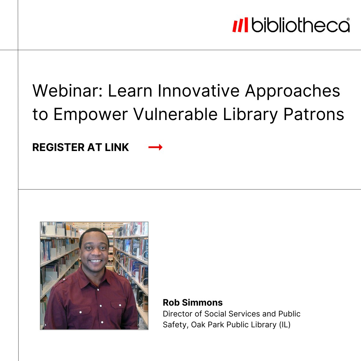 BibliothecaX's tweet image. Are you interested in learning how libraries can better serve vulnerable patrons? Join us for a session with Rob Simmons, Director of Social Services and Public Safety at Oak Park Library. Click to register: bit.ly/3GWKujB 📚🌟 #libraryservices #webinar #librarywebinar