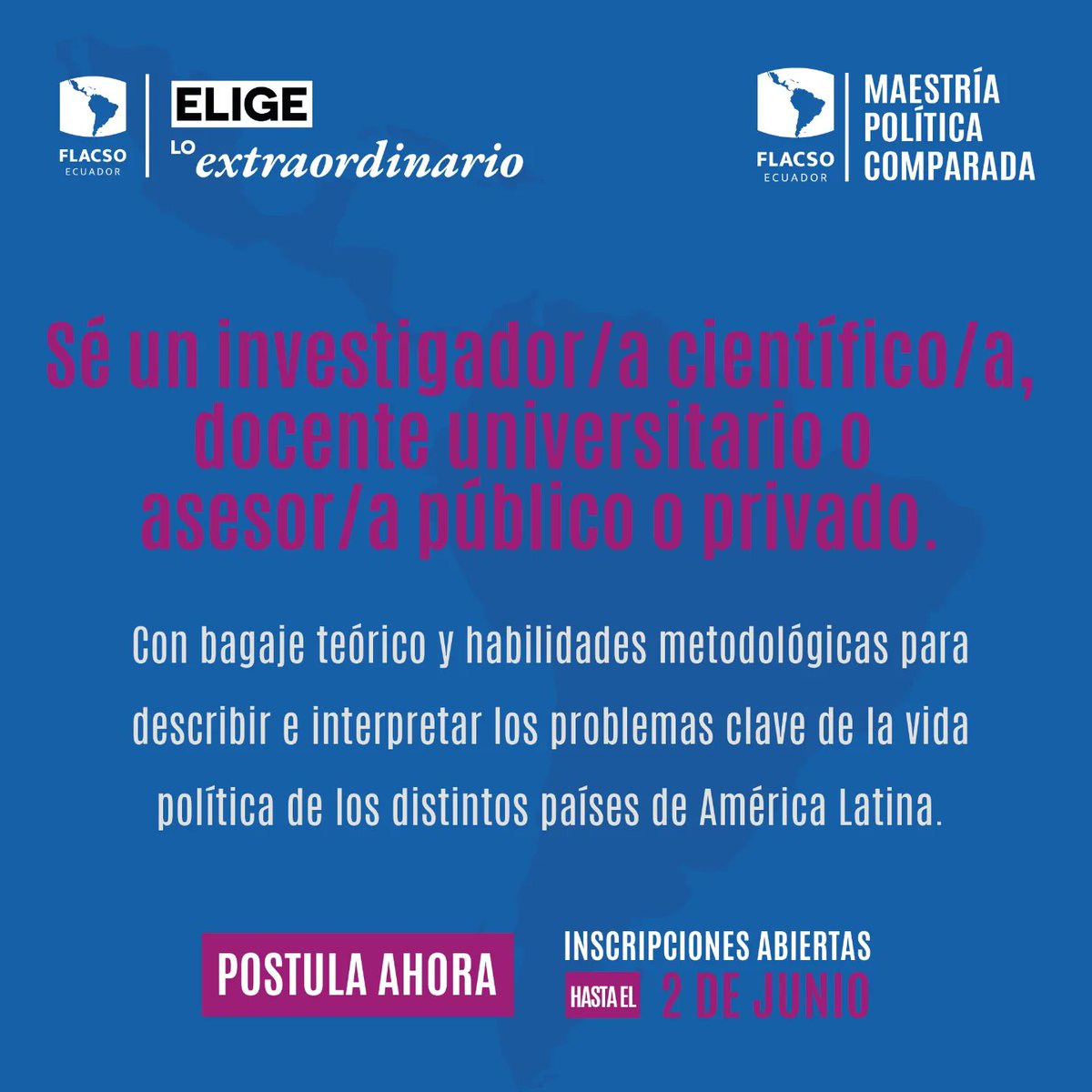 Polcompflacso's tweet photo. Aplica a la Maestría en Política Comparada de Flacso Ecuador, becas de hasta el 100% y modalidad de estudios híbrida. 

Registra tus datos en:
https://t.co/DBsRzIBAFT

#Latinoamerica #Política #Becas #excelencia #CienciasSociales #maestria #becasenelmundo #peru #Bolivia #colombia https://t.co/Uzhold2CNc