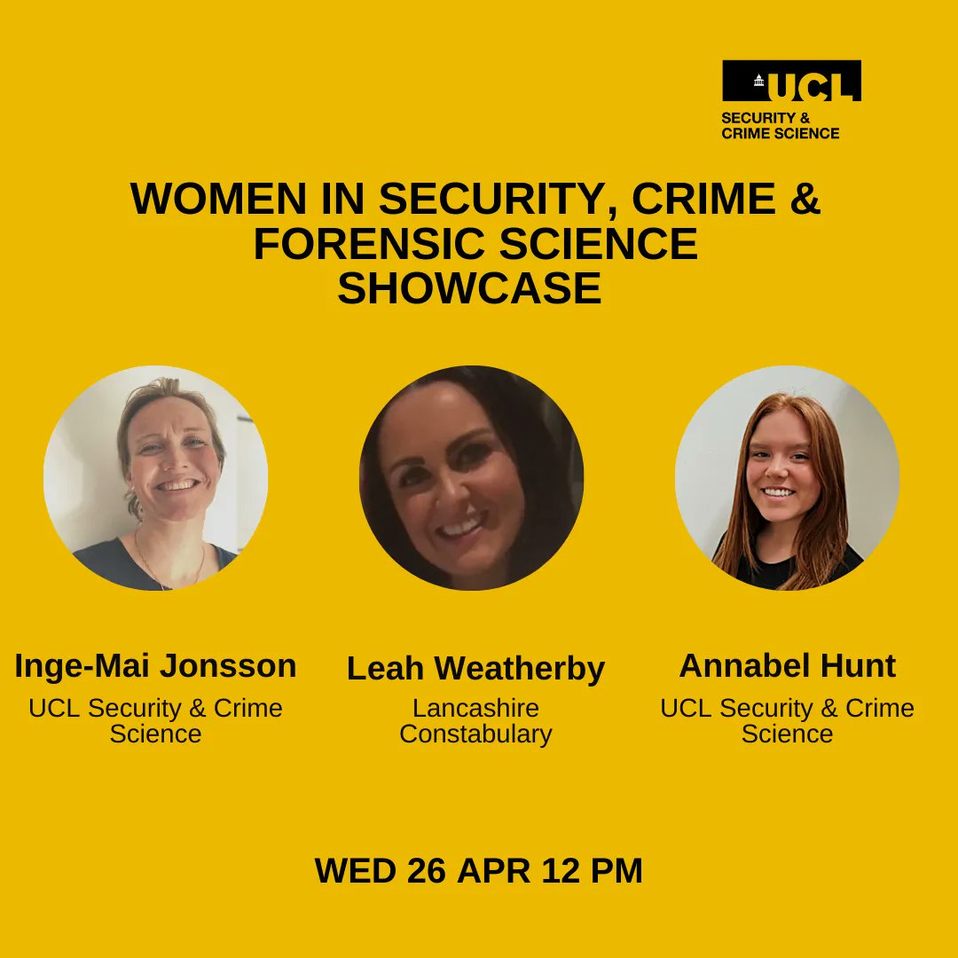 UCLCrimeScience's tweet photo. Introducing our amazing speakers for our event happening on Wednesday at 12pm ๐ฉ
Join us to hear them talk about their careers and professional journeys by registering at https://t.co/1RPvsFUtdc!
#WomenInScience #WomenInPolicing #WomenInSecurity #WomenInForensics https://t.co/6fRMpAz6KZ