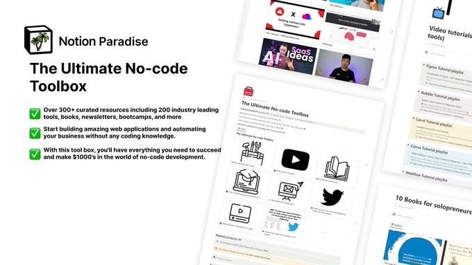 NotionTalentco's tweet image. No-code tools are the future.
But most people don’t know where to start.
That's why I build the Ultimate No-code Toolbox:
• 250+ tools
• Books
• Swipe files
• Newsletters & more.
Free for 48hrs.
To get it, just:
1. RT
2. Follow us (for auto-DM)
3. Reply "tools"