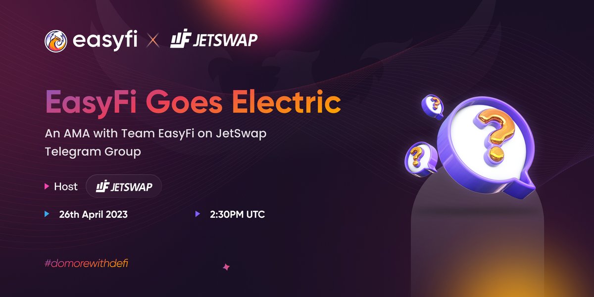 Let's Talk #Electric⚡ Tune in to a conversation on #Electric, Margin Trading on DEXs, #EasyFiBLEND, future plans & more.. Team #EasyFi will be in an AMA with @jetfuelfinance on 26 April at 2:30PM UTC.. 👉Join in Here: t.me/jetfuelfinance #DoMoreWithDeFi