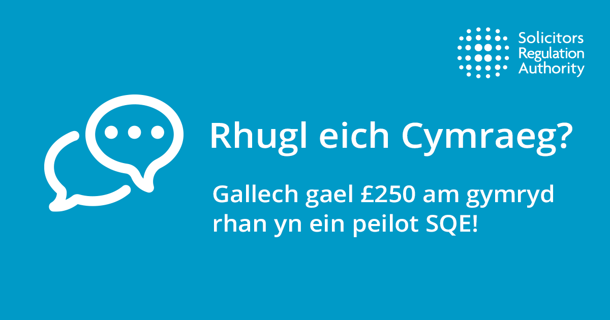 Nabod cyfreithiwr uchelgeisiol a hoffai gael £250 am ein helpu i brofi'r SQE? Mae arnon ni angen siaradwyr Cymraeg ar gyfer cynllun peilot SQE ddydd Mercher 28 Mehefin. 

Mynnwch ragor o wybodaeth a gwnewch gais yma #SQE
sqe.sra.org.uk/news-item/2023…