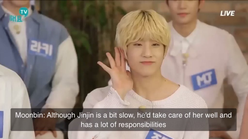 intokmj's tweet photo. q: who you’d introduce to your younger sister?

“prolly jinjin-hyung. although he’s a bit slow, he’d take care of her well better than anyone.” - moonbin

q: who’s her ideal type/like?

“she tells me everyday, she likes mj that much. he doesn’t like an eldest &amp; he’s cute. + https://t.co/6tJkKDAEhE