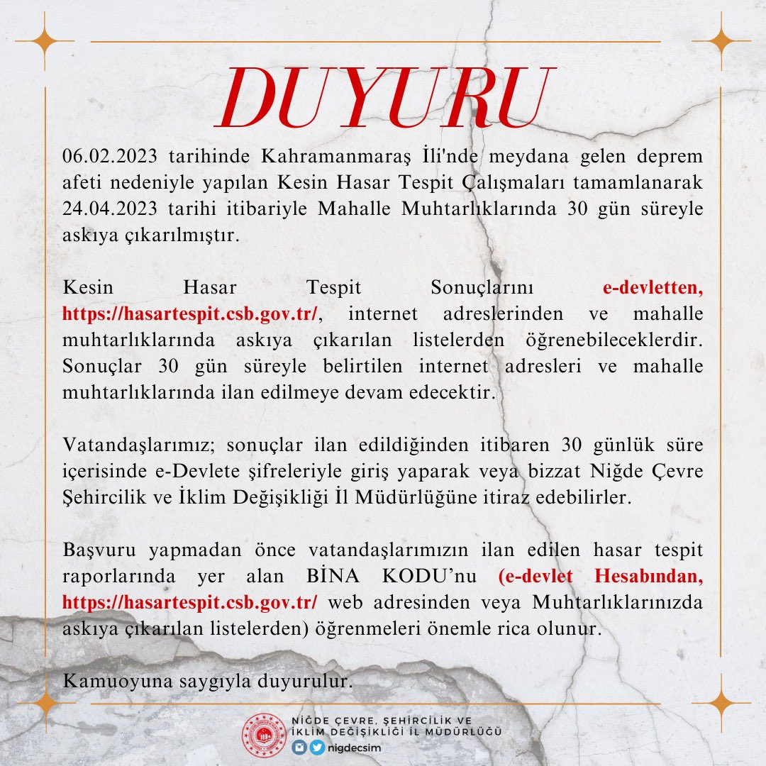Kamuoyuna Saygıyla Duyurulur

<a href="/csbgovtr/">T.C. Çevre, Şehircilik ve İklim Dğş. Bakanlığı</a> 
<a href="/murat_kurum/">Murat KURUM</a> 
<a href="/necmettinseker7/">Necmettin Seker</a>