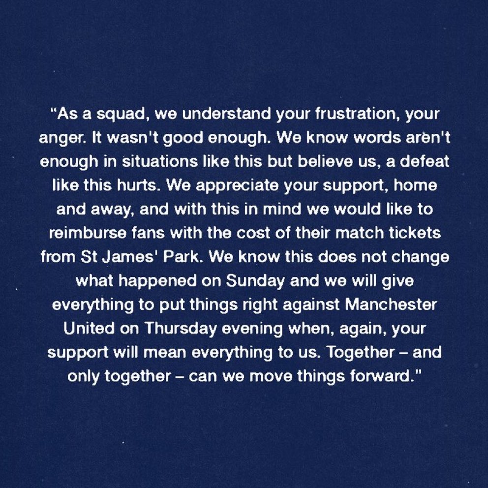 eurofootcom's tweet photo. 🚨⚪️ Spurs players have released a collective statement after the 6-1 loss to Newcastle. Fans who travelled to St James' Park will also be refunded. https://t.co/efLZ2zEPpQ