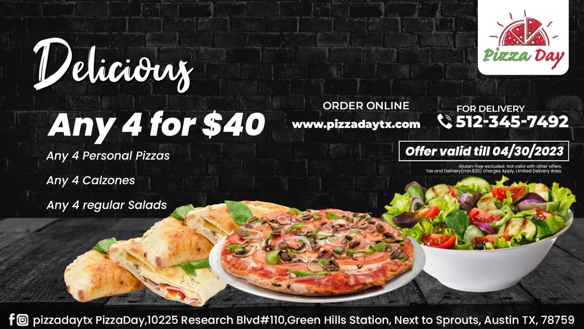 PizzaDayTx's tweet photo. Order now your favourite delicious Pizzas!
#pizzadaytx #keepaustineatin #pizza #deliciousfood #offers #salads #calzones #ordertoday #restaurant #pizzeria #instafood #austinlocal #pizzalovers #marchdeals #pizzagourmet #italianpizza #texas #foodblogger #indianpizza #atxfooddelivery https://t.co/SmZreVFKds