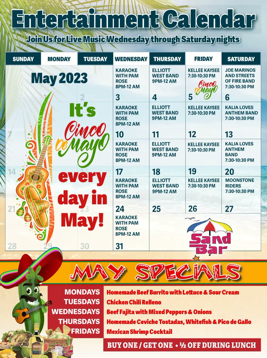 Sandbarfl's tweet photo. Mark your calendar for May! Entertainment and Food specials!🌮🏖🎶----#marcoisland #naplesflorida #naplesfl #Fortmyers #colliercounty #swfl #resturant #bar #drinks  #marcobeach #florida #miami#livemusic #entertainment https://t.co/65TadcrvJ5