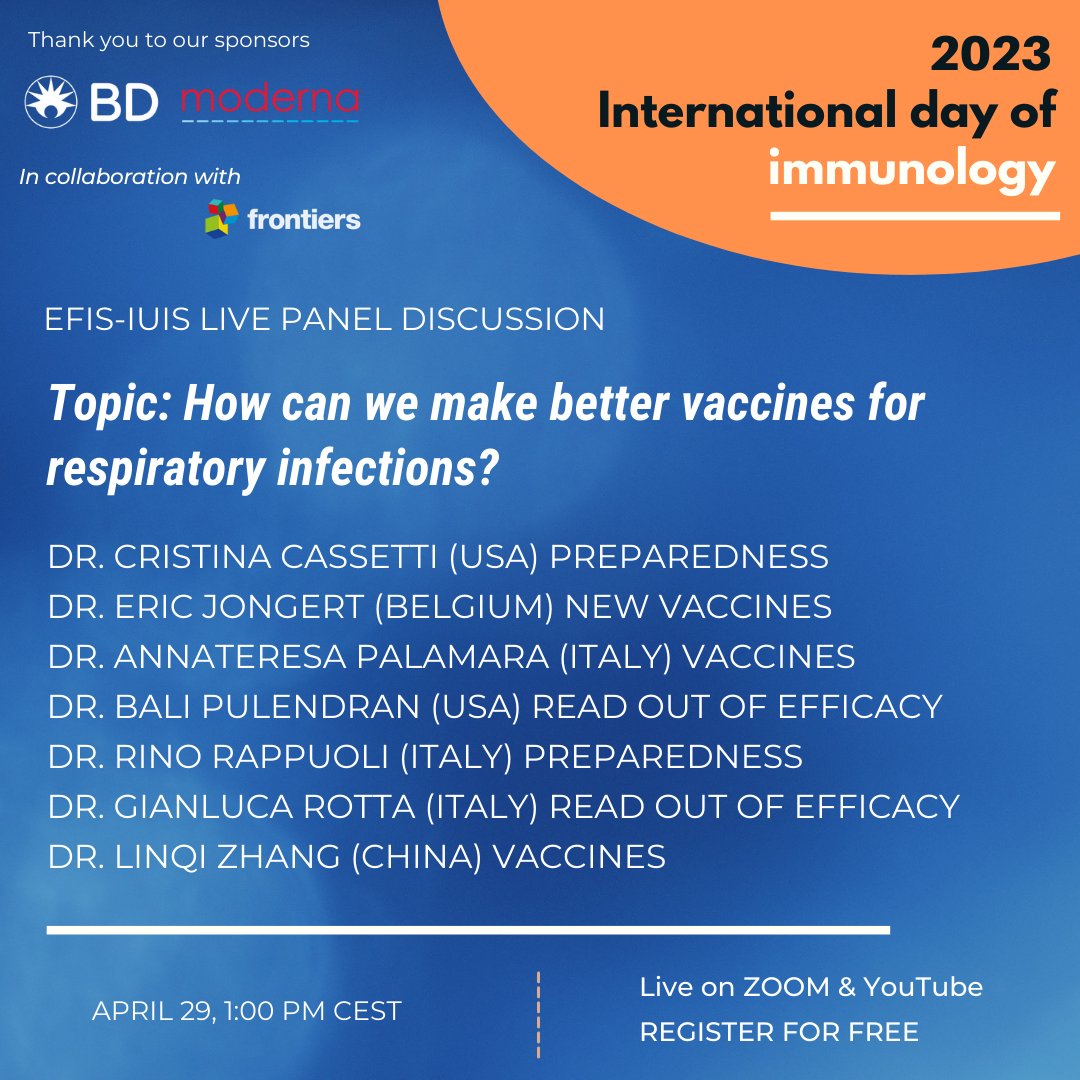 Join us for the EFIS-IUIS live panel discussion on #DayofImmunology. We are looking forward to welcoming leading immunologists to discuss vaccine improvement for respiratory infections! 

Register now at no charge and tune in April 29! 
➡️  loom.ly/Ui9-DZ0