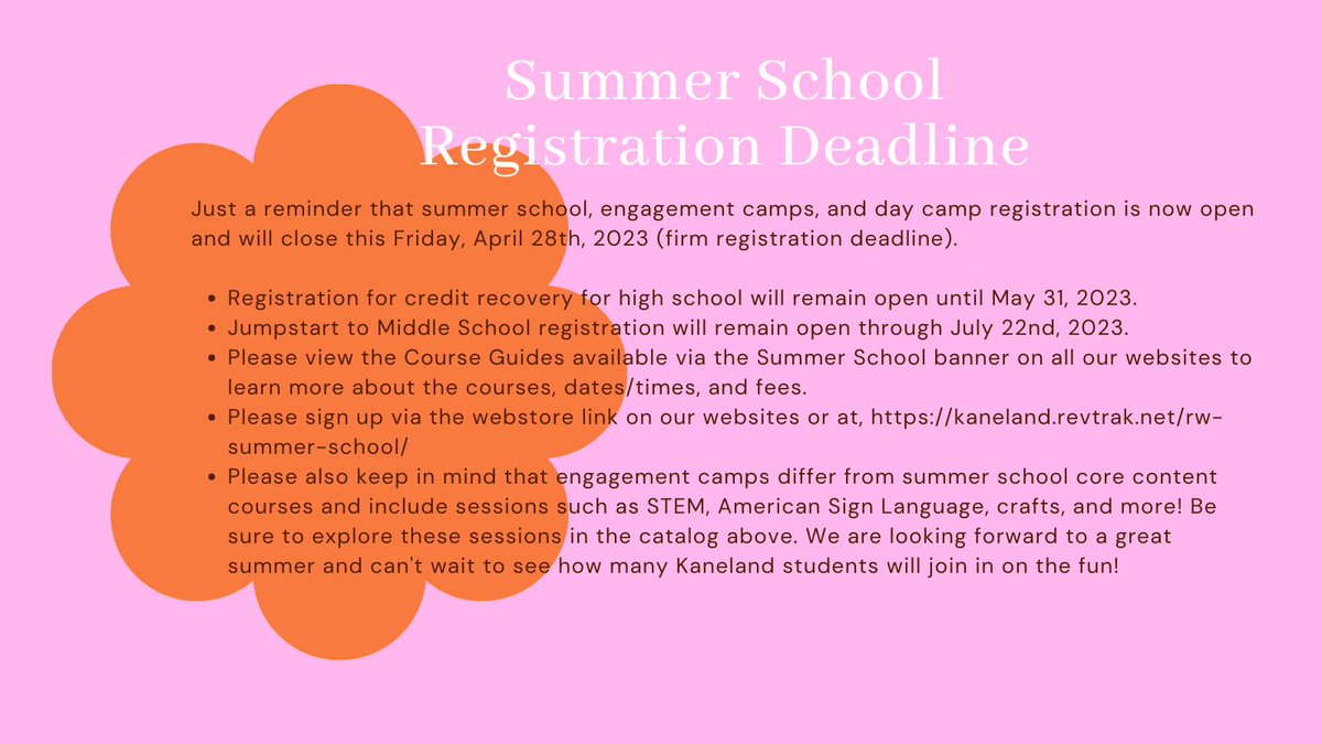 Summer School Deadline approaching:  kaneland.revtrak.net/rw-summer-scho…