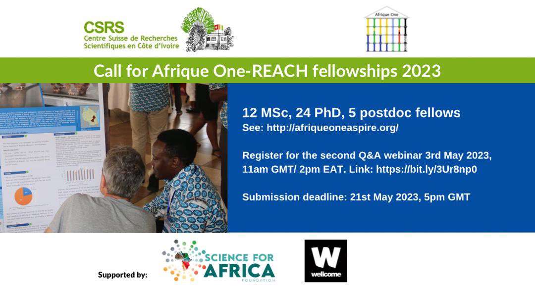 AfriqueOneREACH's tweet photo. Q&amp;A webinar about the Afrique One-REACH call for fellowships 2023. 

Register for the second Q&amp;A webinar 3rd May 2023, starting at 11am GMT / 2pm EAT.

Registration link: https://t.co/s53E3QXD81 

#OneHealth #FromScienceToImpact #DELTASAfrica https://t.co/1BWY9qGM2Q