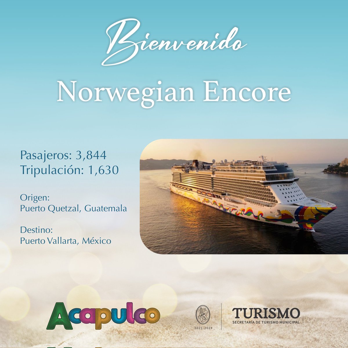 ✨¡Bienvenidos Norwegian Encore! ✨

Con el especular amanecer que abraza al puerto de Acapulco recibimos el 11° trasatlantico, operado por la naviera @CruiseNorwegian  con 3 mil 844 pasajeros y mil 630 tripulantes. 🙌🏼🧭🛳️
#AcapulcoLoTieneTodo 
#TurismoDeCruceros 
@AbelinaLopezR
