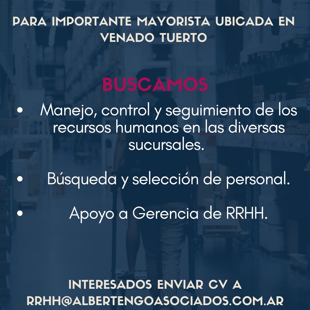 AlbertengoAsoc's tweet photo. BUSCAMOS RRHH PARA MAYORISTA ✔ REF 165
RT para que le llegue a mas personas en búsqueda laboral 👍
Sera excluyente residir en Venado Tuerto o tener disponibilidad para reubicarse allí!
Interesados enviar CV a rrhh@albertengoasociados.com.ar https://t.co/CfkzVD0Itt