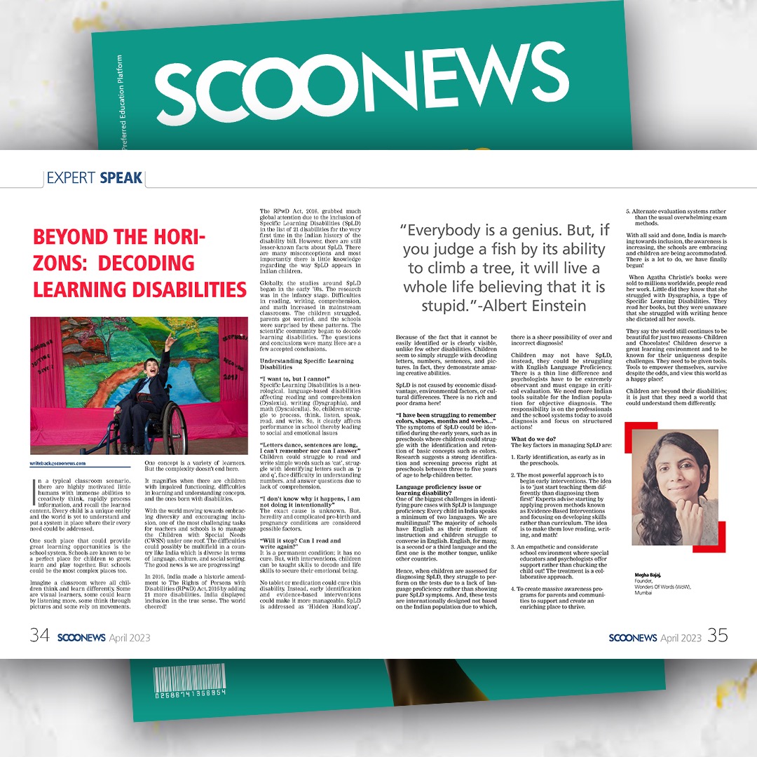 ItsaWoWlifeMB's tweet photo. Schools are for all kinds, for every creative mind.

Sharing my idea of #change in the #classrooms beyond chalks and through my article 'Decoding Specific Learning Disabilities' on #SCOONEWS, April 2023-Digital Magazine Issue - Spring into Learning- Expert Speak.
#Wordsthatawaken https://t.co/BRlakMfEyU