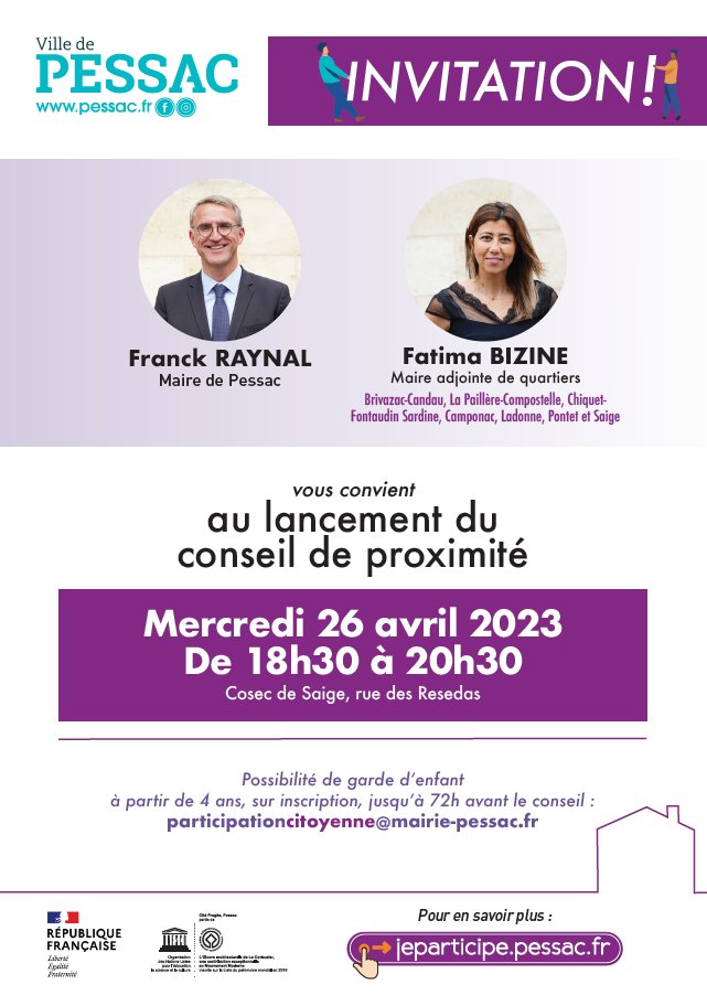Le lancement des conseils de proximité, c’est demain ! Je serai ravi, avec <a href="/BizineFatima/">Bizine fatima</a>, maire adjointe du secteur 2, d'échanger avec vous sur votre quotidien à #Pessac. Rendez-vous à 18h30 au COSEC de Saige 🙂
<a href="/Villedepessac/">Ville de Pessac</a>