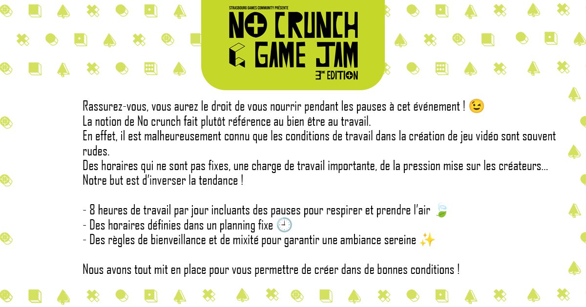 Un marathon de création de jeux vidéo et de société !  Si le concept vous séduit cliquez sur ce lien pour vous inscrire, voir notre site et vous abonner à la chaîne de la <a href="/ChroniqueGeekFr/">La Chronique Du Geek</a> qui diffusera l'événement en live sur Twitch ! ⬇️

linktr.ee/nocrunchgamejam